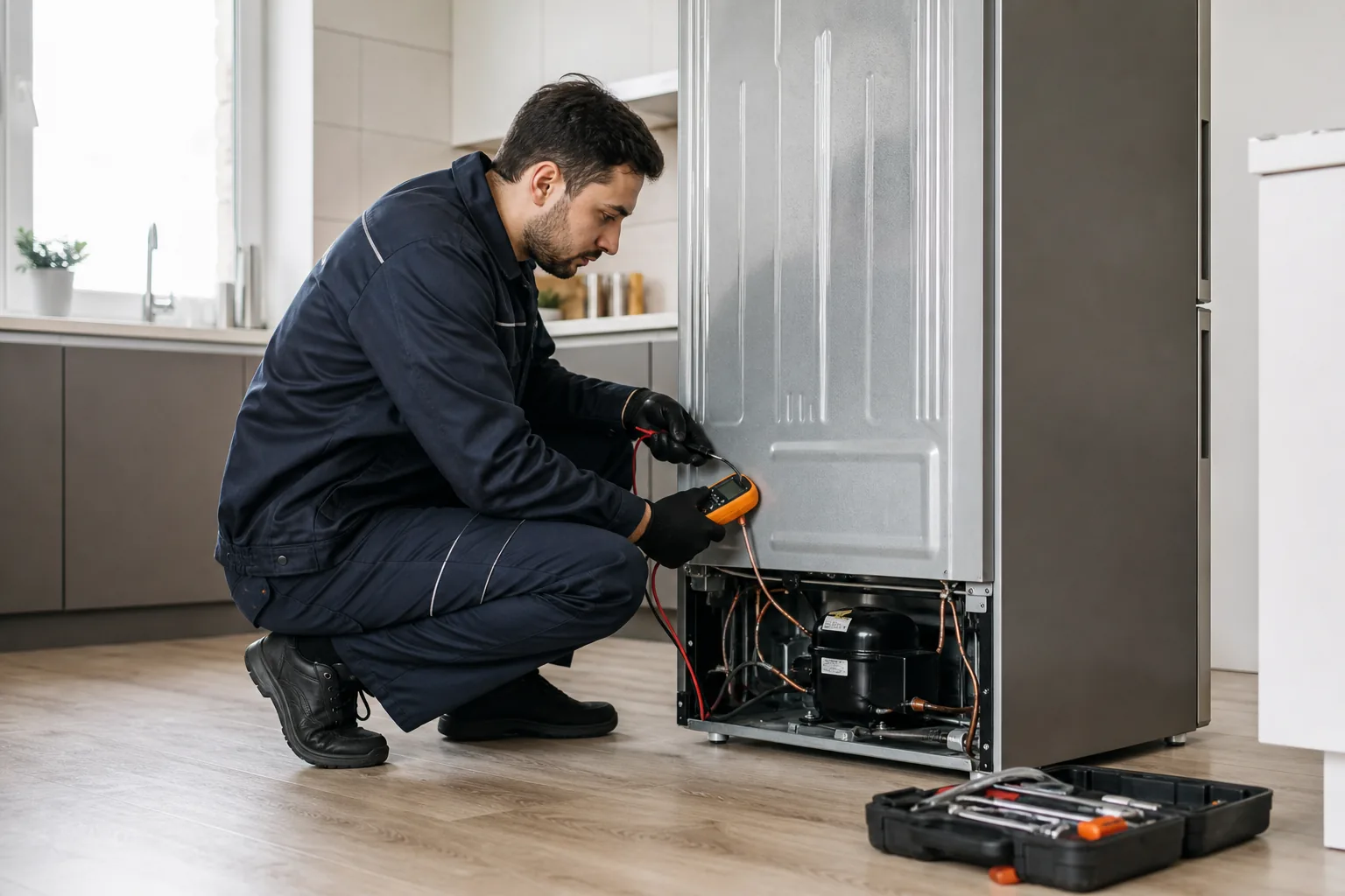 Buzdolabının soğutma sistemini ölçen teknik servis çalışanı